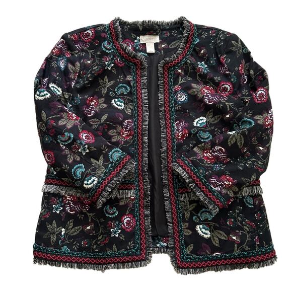 Loft Outlet Black Floral Fringe Embroidered 3/4 Sleeve Open Front Blazer Size 8 - Picture 10 of 12
